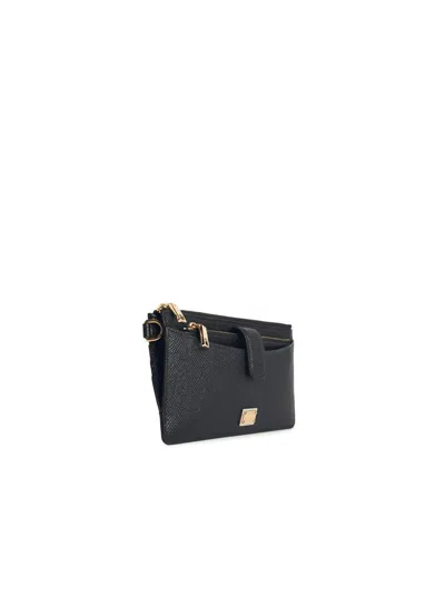 Dolce & Gabbana Leather Cardholder With Textured Finish And Gold-tone Hardware In Black