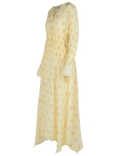 Ganni Viscose Dress With Asymmetric Hem And Floral Pattern In Yellow