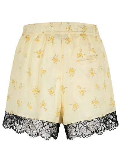 Ganni Viscose Shorts With Floral Pattern And Lace Trim In Yellow