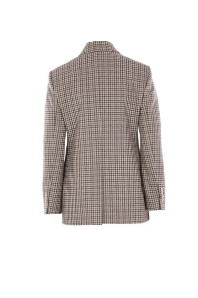 Brunello Cucinelli Beige Double-breasted Jacket With Peak Revers And All-over Check Motif In Brown