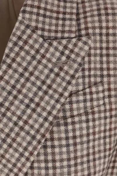 Brunello Cucinelli Beige Double-breasted Jacket With Peak Revers And All-over Check Motif In Brown