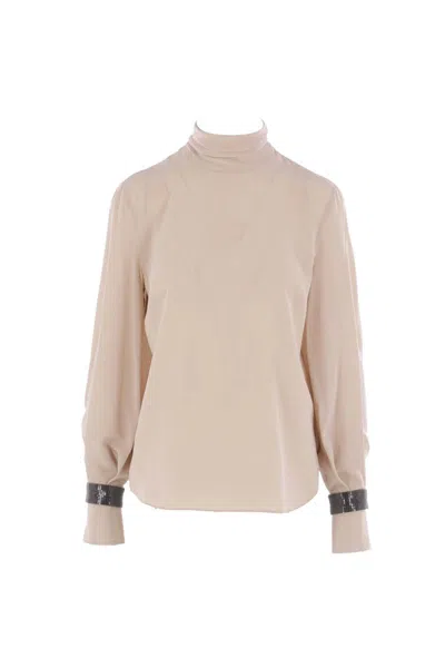 Brunello Cucinelli Women Silk Turtleneck Blouse With Precious Bracelets In Neutral