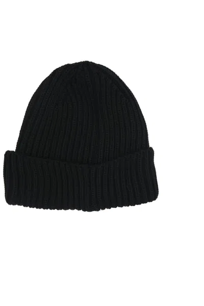 C.p. Company Black Knit Beanie With Googles Detail On The Front In Black