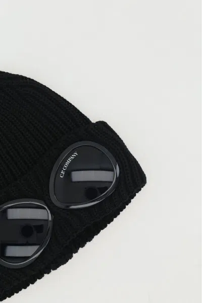 C.p. Company Black Knit Beanie With Googles Detail On The Front In Black