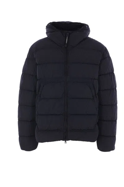 C.p. Company Blue Down Jacket With Fixed Hood And Logo Plaque On The Sleeve In Tech Fabric Man In Blue