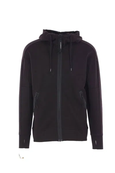 C.p. Company Sweatshirts Hooded Open In Diagonal Raised Fleece Clothing In Black