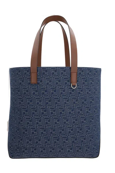 Fendi Men Blue Shopper With Long Handles And All Over Ff Motif In Cotton Man In Blue