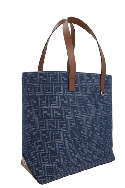 Fendi Men Blue Shopper With Long Handles And All Over Ff Motif In Cotton Man In Blue