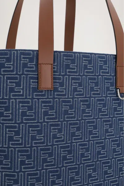 Fendi Men Blue Shopper With Long Handles And All Over Ff Motif In Cotton Man In Blue