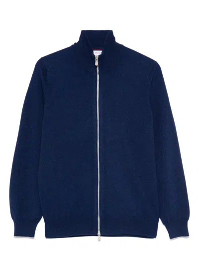 Brunello Cucinelli Cashmere High Neck Zip Cardigan In Blue