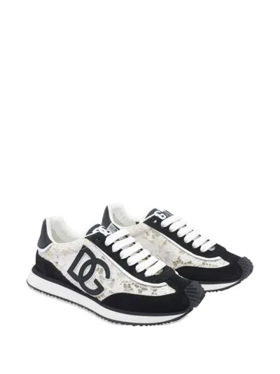 Dolce & Gabbana Black And White Low Top With Lace Details And Dg Patch On The Side