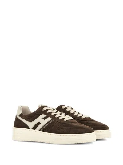 Hogan Leather Sneakers With Suede Finish And Rubber Sole In Brown