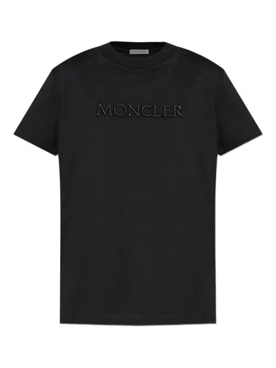 Moncler Biologic Cotton T-shirt With Embroidered Logo In Black