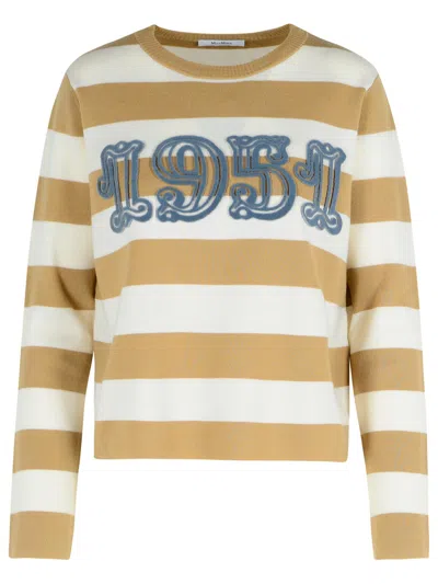 Max Mara Crew Neck Striped Wool Sweater With Embroidered Detail In Brown