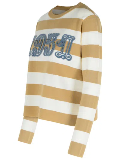 Max Mara Crew Neck Striped Wool Sweater With Embroidered Detail In Brown