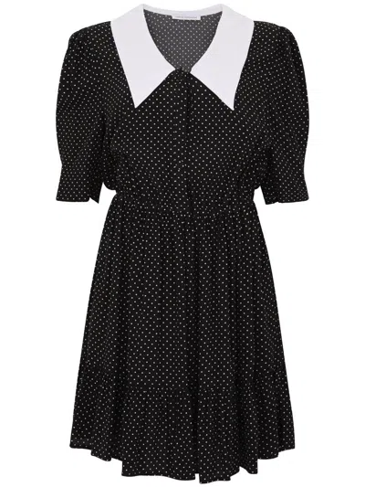 Mar De Margaritas Black Short Dress With White Polka Dots In Black