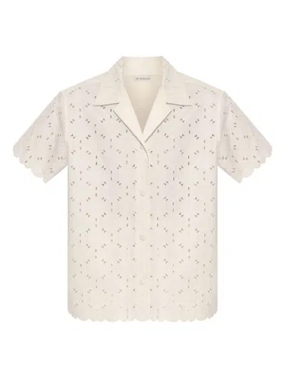 Moncler Short-sleeve Cotton Blend Shirt With Embroidered Design In Neutral