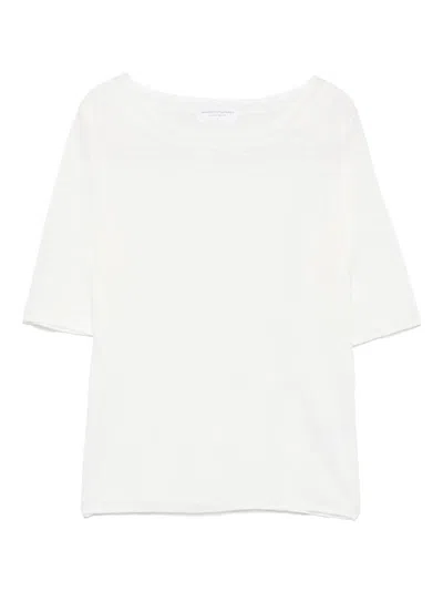 Majestic Filatures White Linen Sweater With Crew Neck Short Sleeves Ribbed Trim In White
