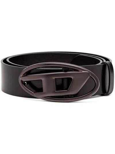 Diesel Black Leather Belt With Logo Buckle