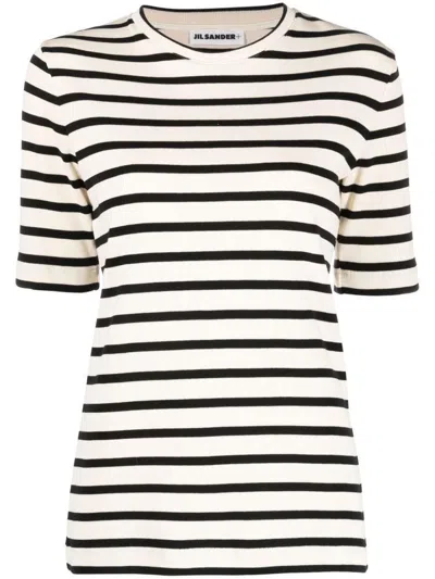 Jil Sander Black And White Knitted Striped T-shirt In Cotton Woman