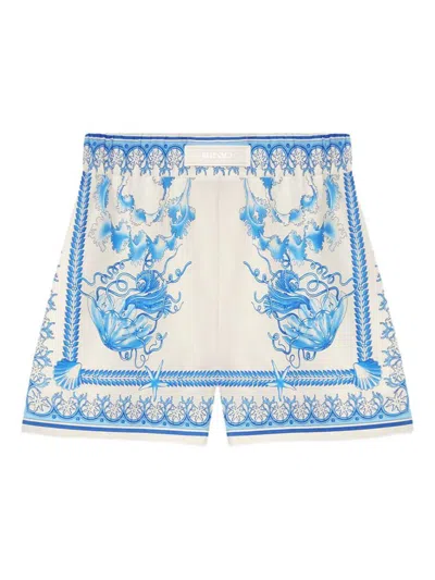 Versace Underwater Barocco Bicolor Foulard Cotton Poplin Pull-on Shorts