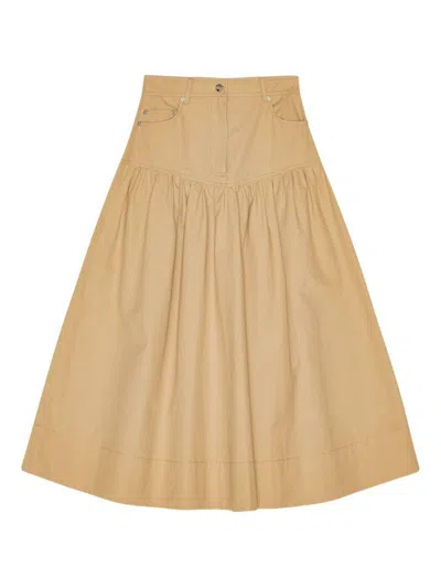Ganni Womens Pale Khaki Summer Suiting Gathered Cotton And Linen Midi Skirt In Nude