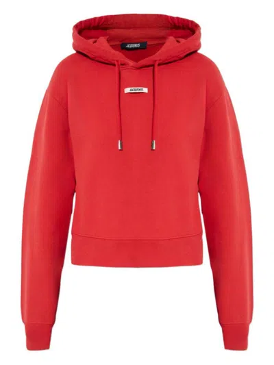 Jacquemus Cropped Hooded Drawstring Top In Red