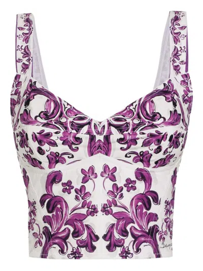 Dolce & Gabbana Cotton Blend Bustier Top With Maiolica Print