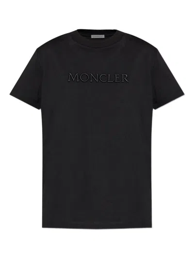 Moncler Biologic Cotton T-shirt With Embroidered Logo In Black