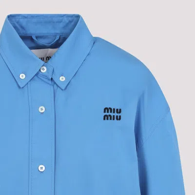 Miu Miu Button-down Collar Cotton Jacket With Elastic Hem In Blue