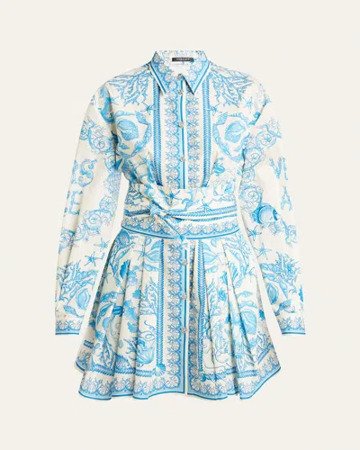 Versace Underwater Barocco Long Sleeve Cotton Poplin Shirtdress In Blue