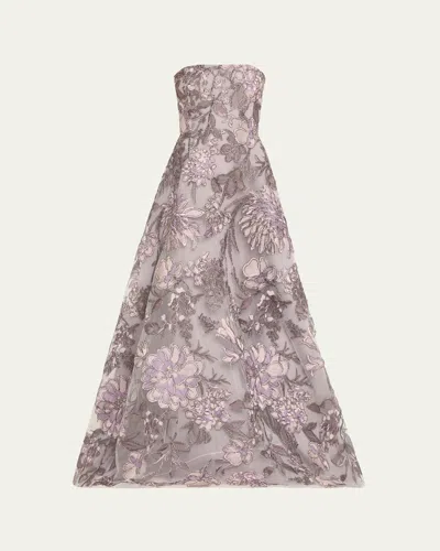 Naeem Khan Strapless Floral Raffia Embroidered Gown In Gray