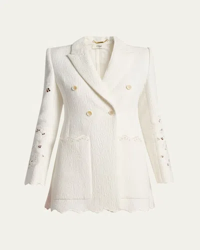 Chloé Eyelet Floral Jacquard Double Breasted Cotton Blend Jacket In White