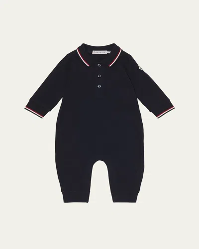 Moncler Boy's Long-sleeve Stretch Cotton Polo Romper In Black