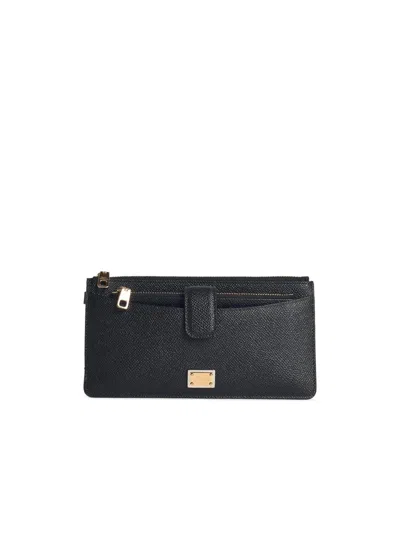 Dolce & Gabbana Leather Cardholder With Textured Finish And Gold-tone Hardware In Black