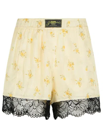 Ganni Viscose Shorts With Floral Pattern And Lace Trim In Yellow