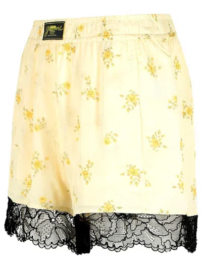 Ganni Viscose Shorts With Floral Pattern And Lace Trim In Yellow