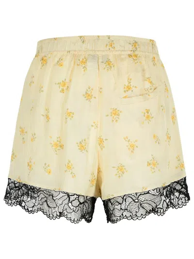 Ganni Viscose Shorts With Floral Pattern And Lace Trim In Yellow