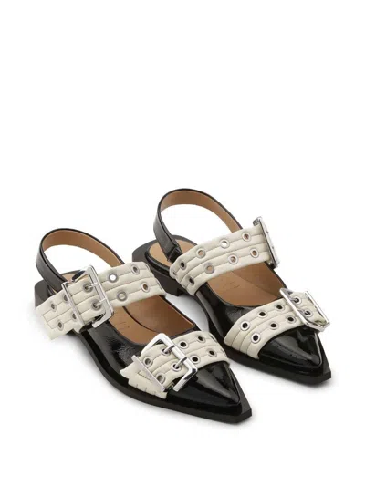 Ganni Black And White Slingback Ballerina Flats With Buckles
