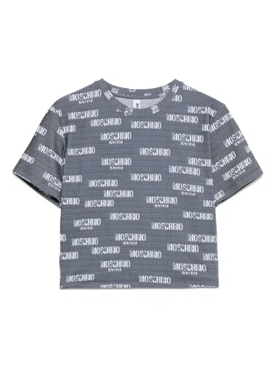 Moschino Cropped Grey T-shirt With Repeated Logo Print In Blue