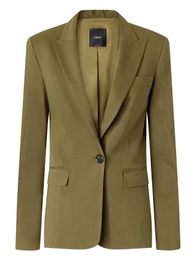 Pinko Tailored Green Linen-viscose Blazer With Notched Lapels