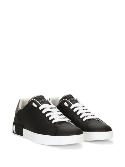 Dolce & Gabbana Portofino Black Low Top Sneakers With Metal Heel Tab And Logo Patch In Leather Man
