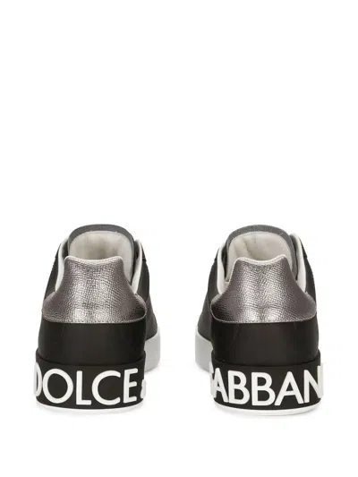 Dolce & Gabbana Portofino Black Low Top Sneakers With Metal Heel Tab And Logo Patch In Leather Man