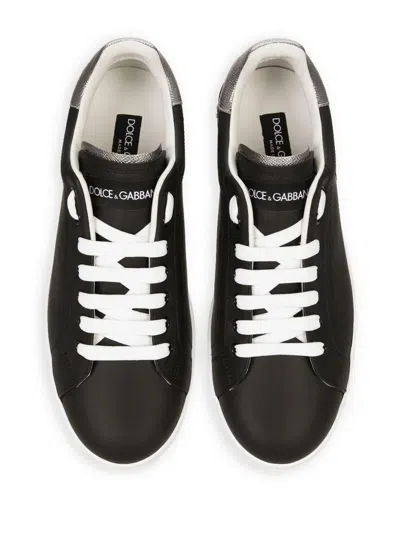 Dolce & Gabbana Portofino Black Low Top Sneakers With Metal Heel Tab And Logo Patch In Leather Man