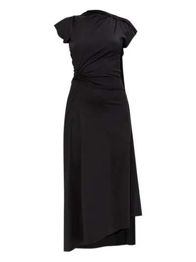 Victoria Beckham Asymmetrically Draped Black Midi Dress With Soft Ruching In Black