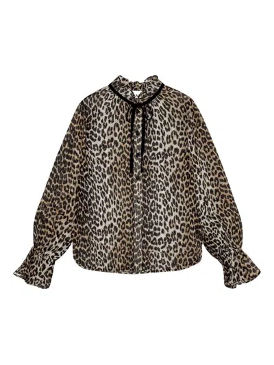 Ganni Printed Viscose Chiffon Tie String Shirt Shirts Animalier In Animal Print