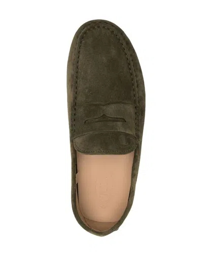 Tod's Kaki Suede Loafers With Almond Toe Design