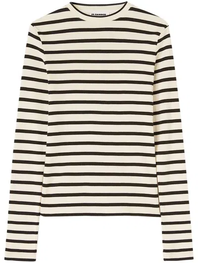 Jil Sander Fine Ribbed Off-white And Black Crew Neck Sweater In Neutral