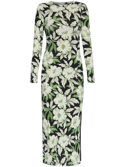 Loewe Crew Neck Floral Long Sleeve Side Slit Stretch Dress