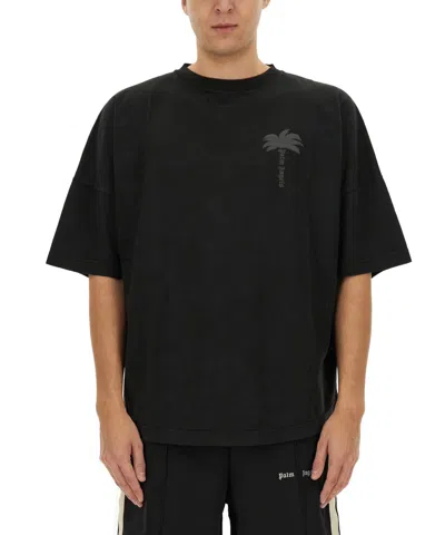 Palm Angels Blue Cotton T-shirt With Palm Print And Logo In Black